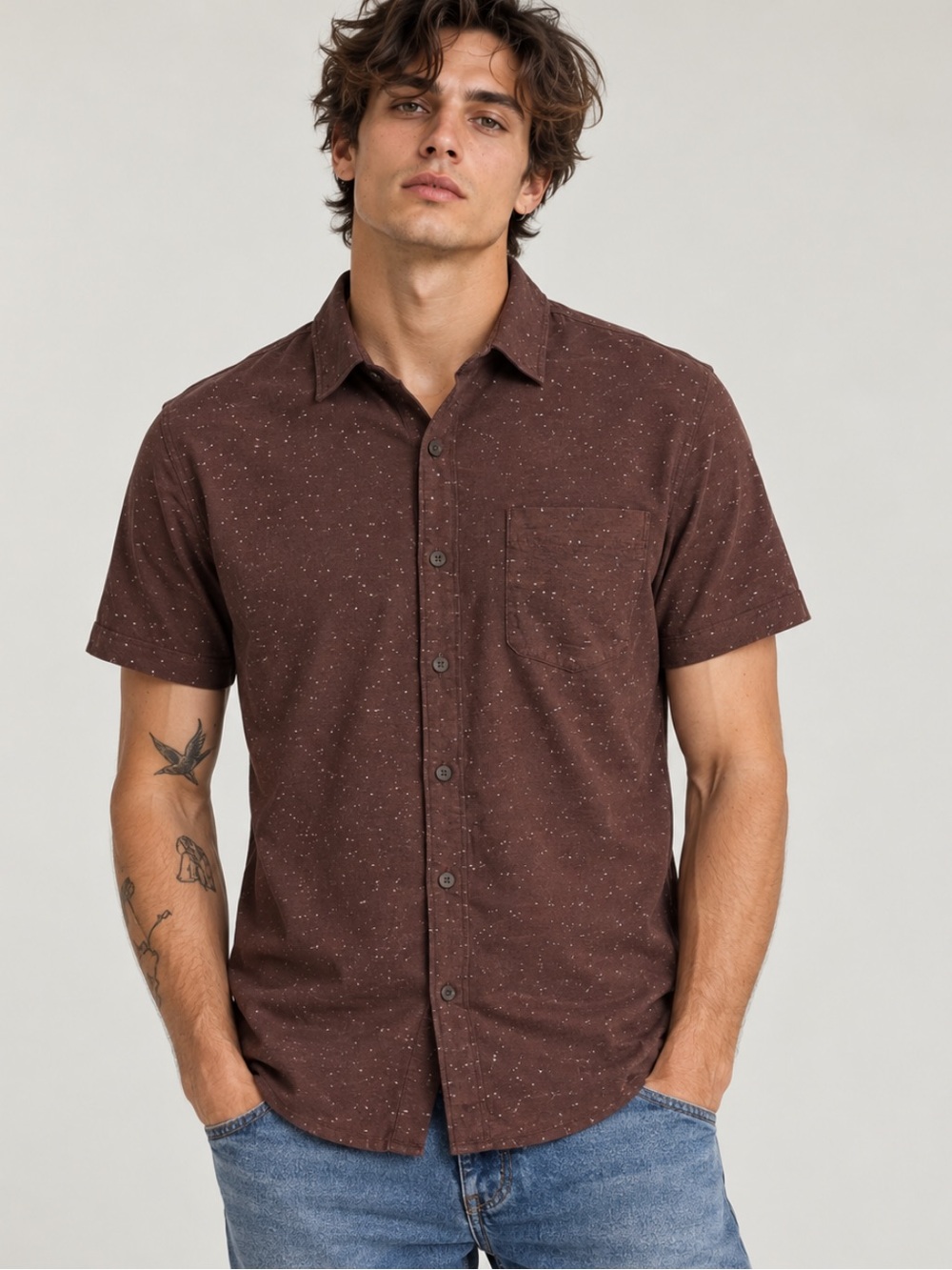 PAIGE Men’s Brown Speckled Slub Knit Short Sleeve Shirt Size M